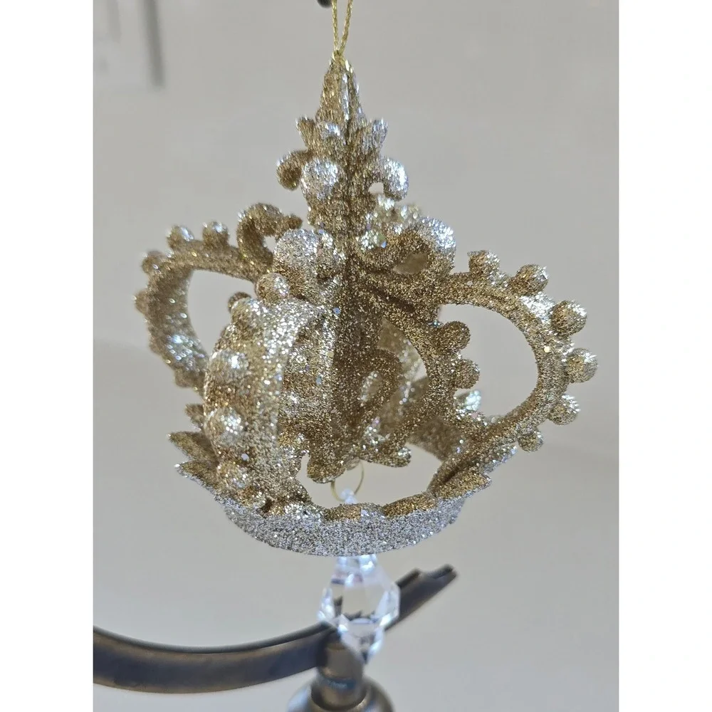 New Kurt Adler Gold Silver Glitter Crown Christmas Ornaments Crystals Set of 2